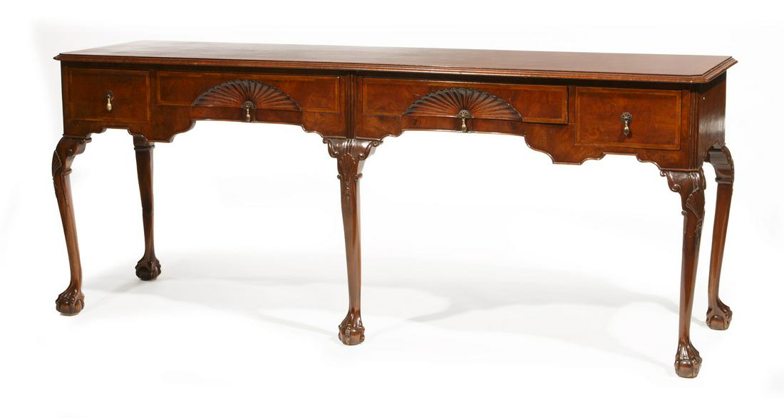 George III-Style Inlaid Mahogany Dresser Base: Antique George III-Style Inlaid Mahogany Dresser Base, banded top with chamfered corners, concave shell-carved drawers, cabriole legs, ball and claw feet, h. 34 1/4 in., w. 83 in., d. 23 in.