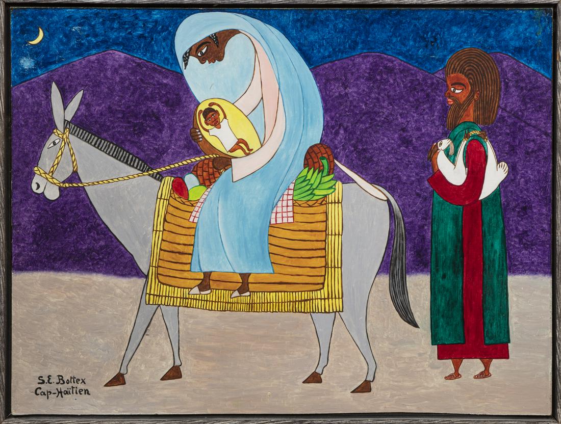 Seymour Etienne Bottex (Haitian, 1922-2016): Seymour Etienne Bottex (Haitian, 1922-2016), "Flight into Egypt", oil on masonite, signed and inscribed lower left, 24 in. x 31 7/8 in., framed, overall 25 1/8 in. x 33 1/8 in. x 1 3/8 in. Provenance: