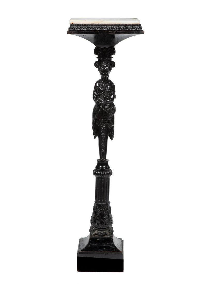 American Carved Ebonized Figural Pedestal: American Renaissance Carved and Ebonized Figural Pedestal, late 19th c., marble top, fluted caryatid standard with anthemion carving, plinth base, h. 44 in., w. 13 in., d. 10 1/2 in. Provenance: The S