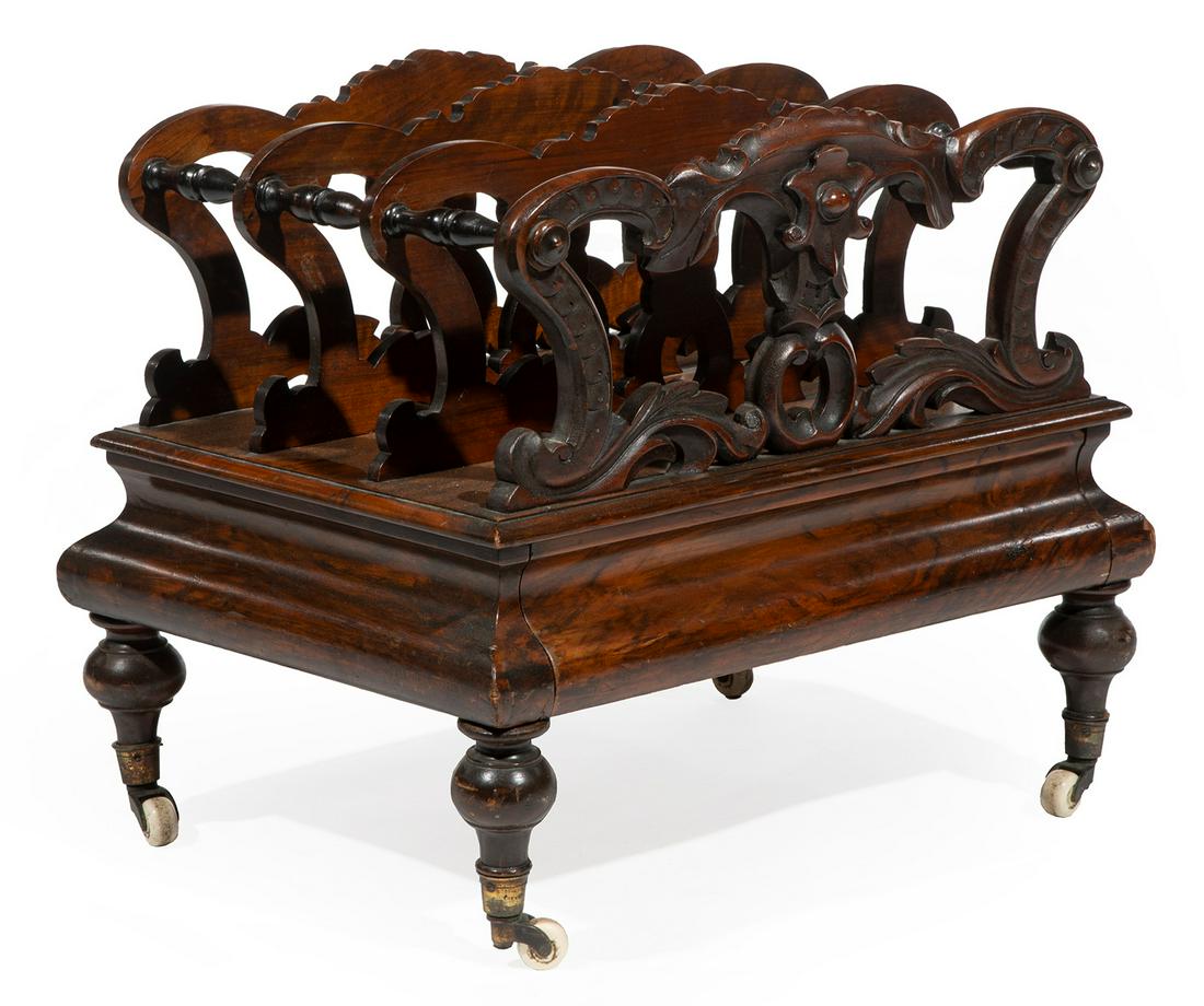 William IV Carved Mahogany Canterbury: William IV Carved Mahogany Canterbury, c. 1840-1850, foliate carved superstructure, ogee base with blind drawer, turned legs, casters, h. 19 in., w. 21 in., d. 16 in. Provenance: The Schoenberger Coll