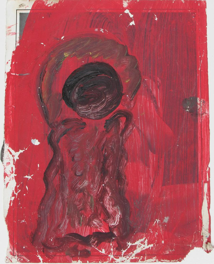 Purvis Young (American/Florida, 1943-2010): Purvis Young (American/Florida, 1943-2010), "Untitled", 9 oils and one mixed media on pornographic magazine pages, church bulletins and paper, 6 signed upper right, one signed upper center, one unsign