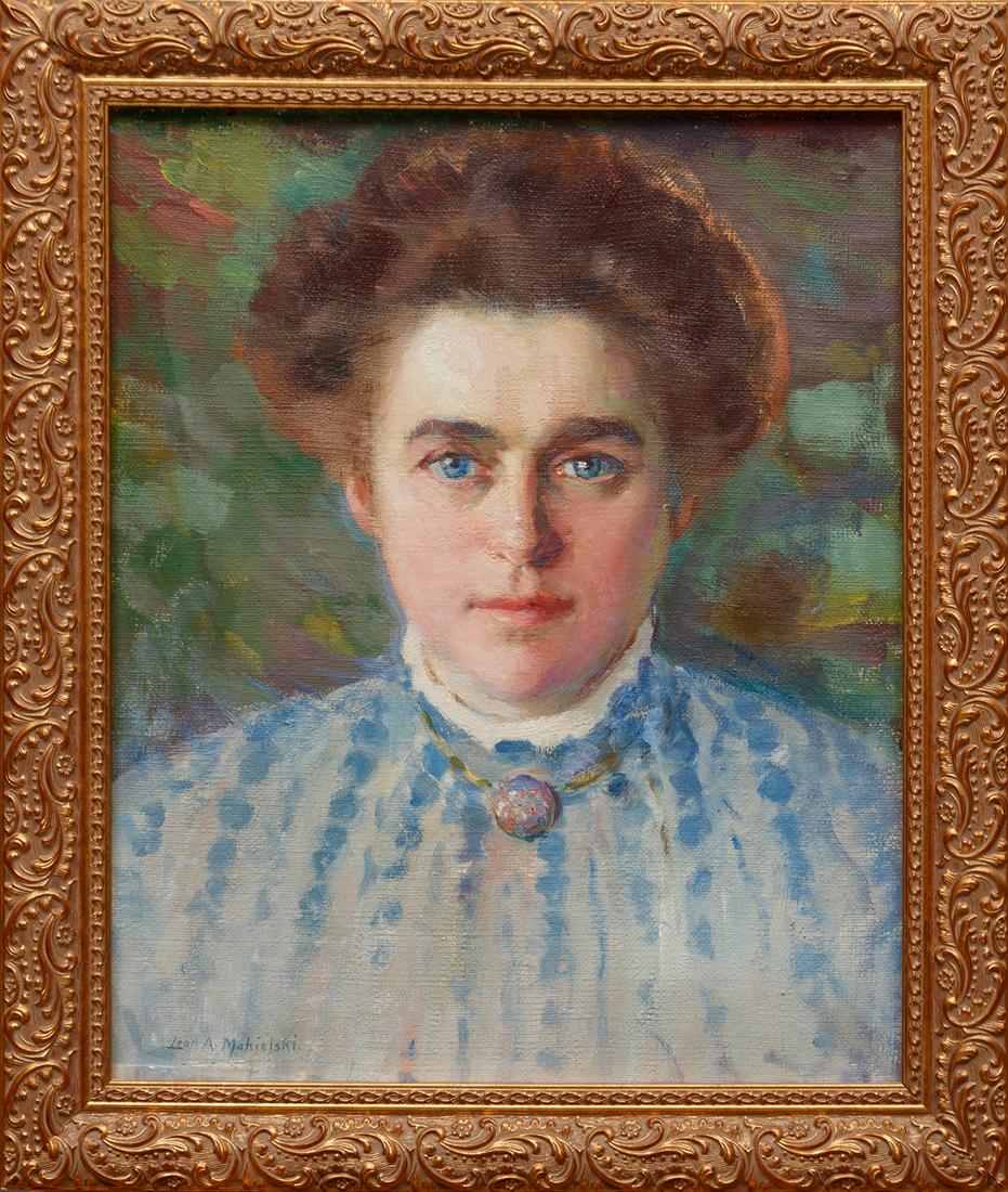 Leon Makielski (American, 1885-1974): Leon Makielski (American, 1885-1974), "Portrait of a Woman with a Brooch", oil on canvas, signed lower left, 18 1/4 in. x 15 in., framed, overall 21 5/8 in. x 18 3/8 in. x 1 1/2 in. Condition: Overall
