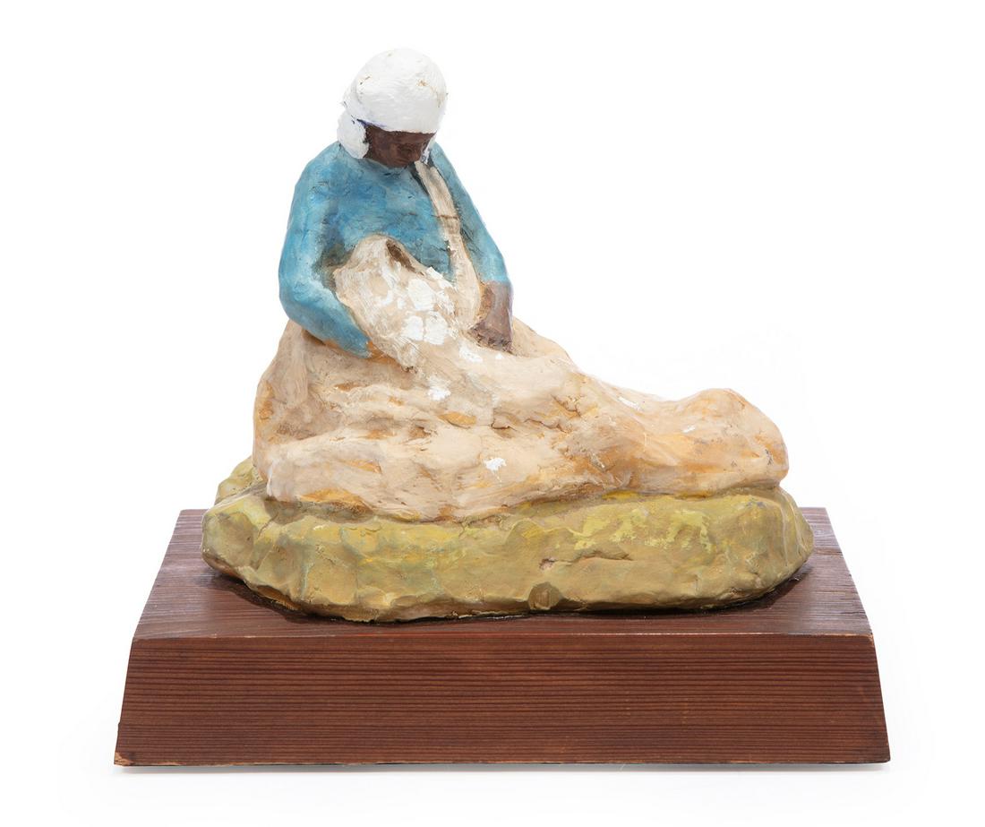 Chestee Harrington (American/Louisiana, b. 1941): Chestee Harrington (American/Louisiana, b. 1941), "Madonna of the Cottonfields", polychrome clay, signed and numbered "5/100" on self-base, h. 6 in., w. 7 in., d. 6 3/8 in., wood base, overall h. 7 1/