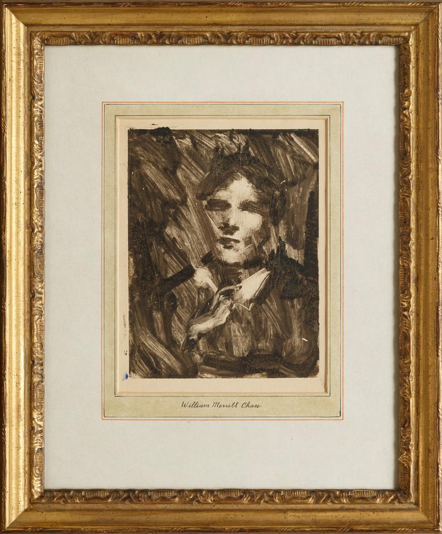 William Merritt Chase (American, 1849-1916): William Merritt Chase (American, 1849-1916), "Portrait of a Woman Wearing a White Neck Scarf", c. 1880-1914, monotype, unsigned, "Chapellier Galleries, New York, NY" label with artist and title on bac
