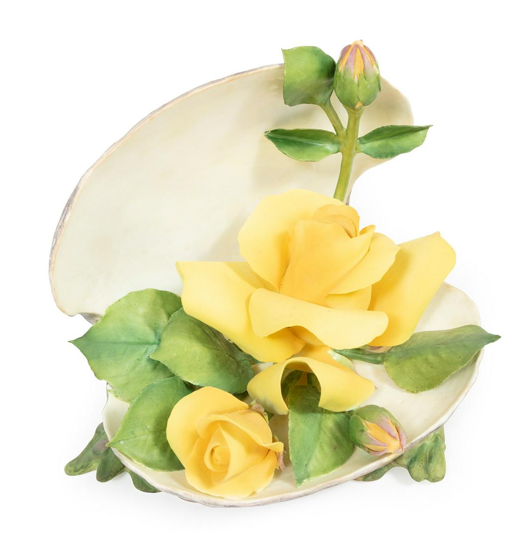 Boehm Porcelain "Yellow Rose in Oyster Shell": Boehm Porcelain "Yellow Rose in Oyster Shell", 1981, h. 6 3/4 in., w. 7 1/4 in., d. 5 3/4 in. Provenance: The Schoenberger Collection, 1812 Palmer Avenue, New Orleans.