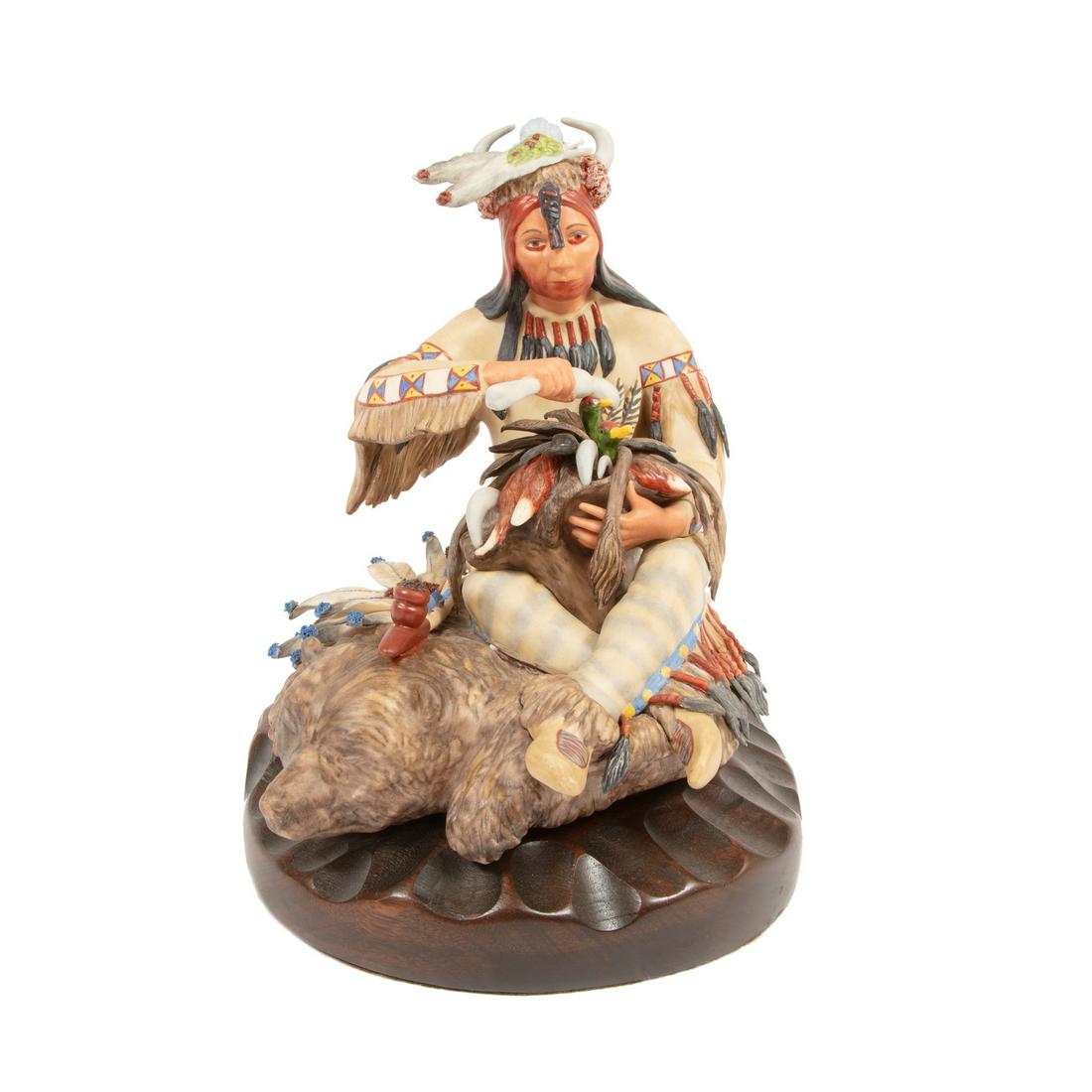 Cybis Blackfeet "Beaverhead" Medicine Man: Cybis Porcelain Figure of Blackfeet "Beaverhead" Medicine Man, Trenton, NJ, wood base, h. 11 1/2 in., w. 7 1/2 in., d. 10 1/2 in. Provenance: The Schoenberger Collection, 1812 Palmer Avenue, New Orlea