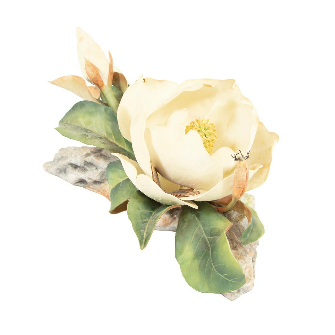 Boehm Porcelain "Magnolia Grandiflora": Boehm Porcelain "Magnolia Grandiflora", 1980, h. 6 3/4 in., w. 14 in., d. 7 1/2 in. Provenance: The Schoenberger Collection, 1812 Palmer Avenue, New Orleans.