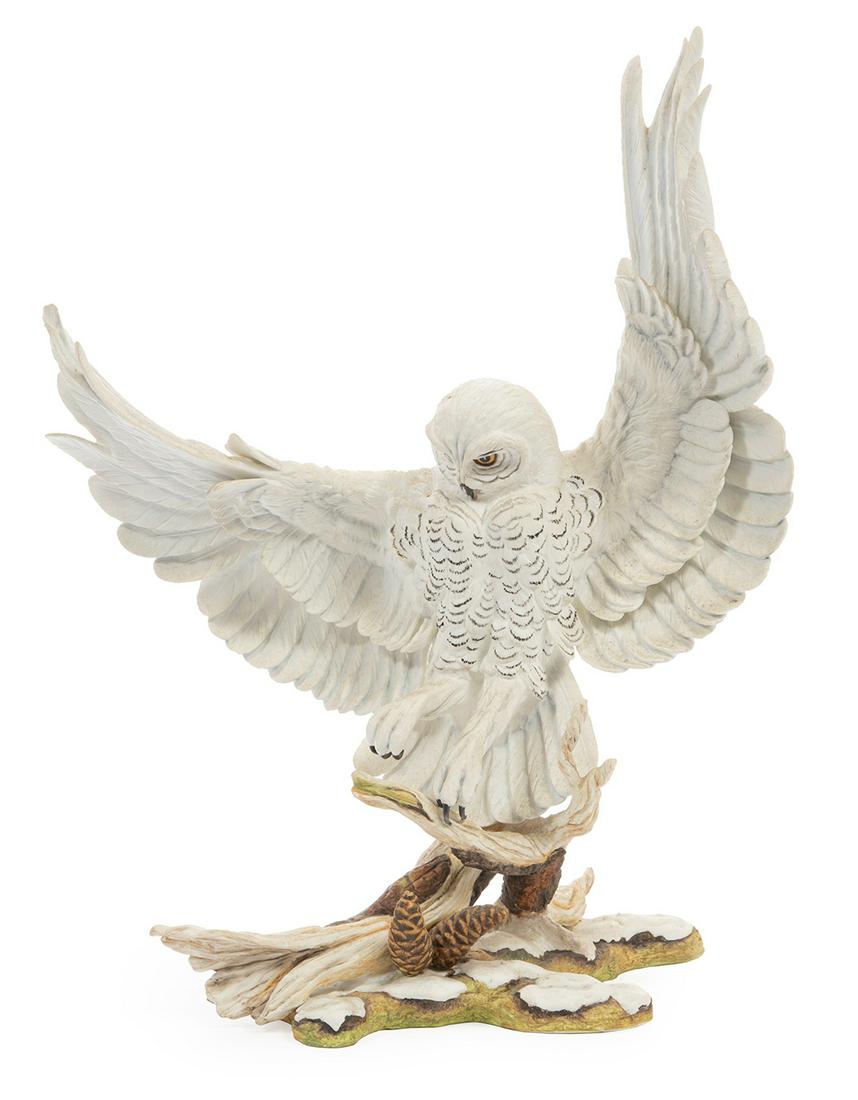 Boehm Porcelain "Snowy Owl": Boehm Porcelain "Snowy Owl", 1986, h. 19 1/2 in., w. 14 3/4 in., d. 8 in. Provenance: The Schoenberger Collection, 1812 Palmer Avenue, New Orleans.