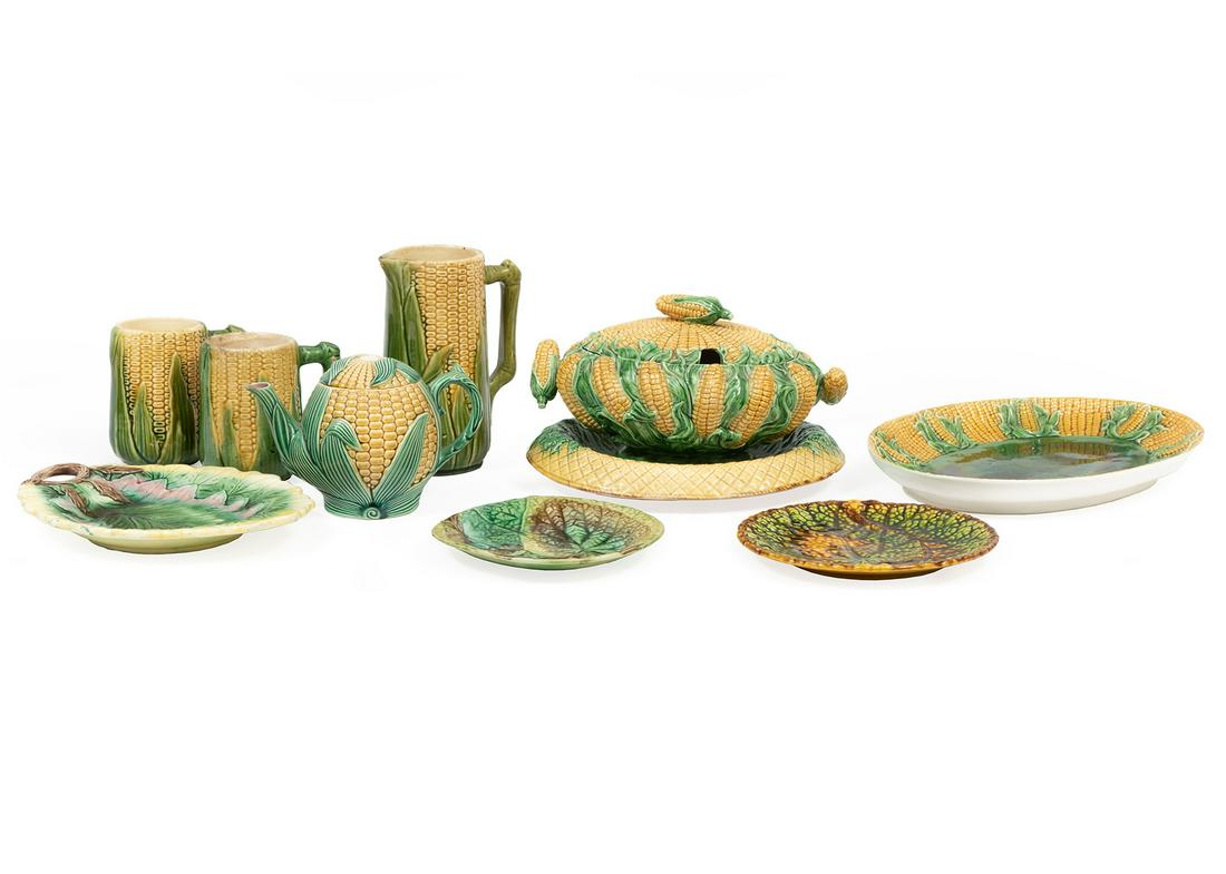 Seven Pieces of Antique Corn Motif Majolica (1 of 3)