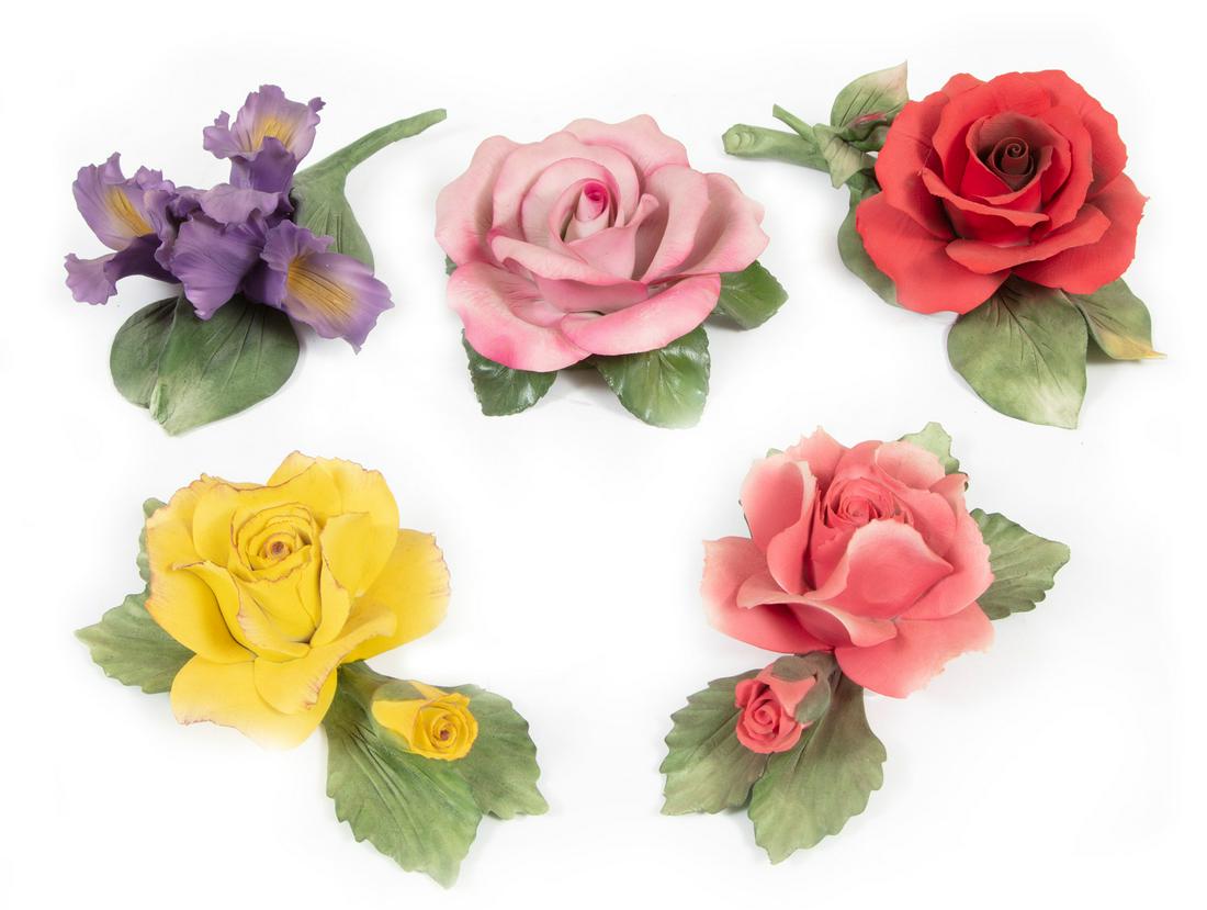 Five Capodimonte Polychrome Porcelain Flowers (1 of 3)