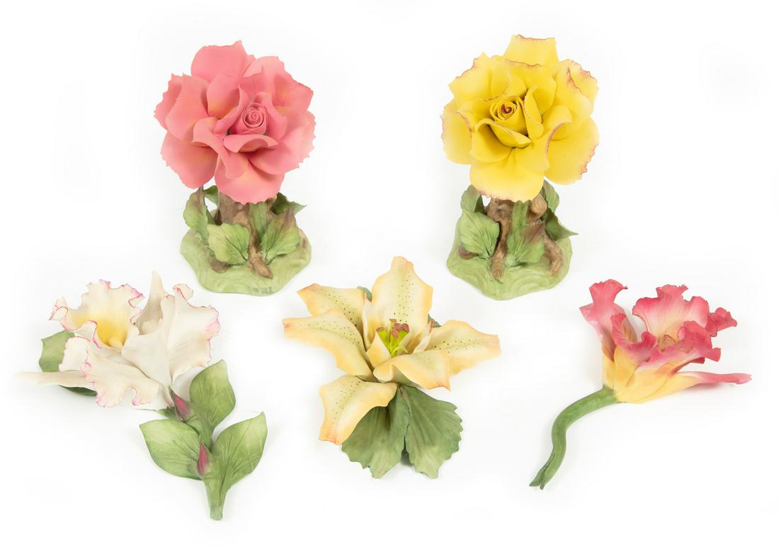 Five Capodimonte Polychrome Porcelain Flowers (1 of 3)