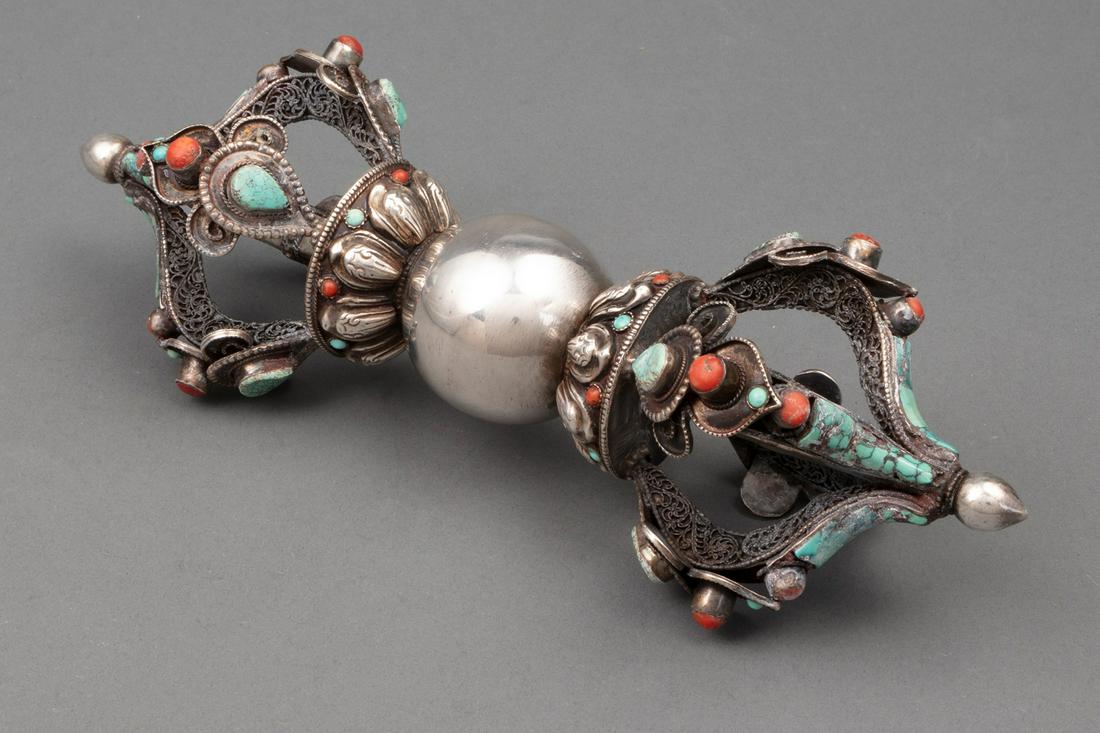 Tibetan Silver and Mixed Metal Vajra: Tibetan Silver and Mixed Metal Vajra, inset with turquoise and carnelian, l. 10 in.