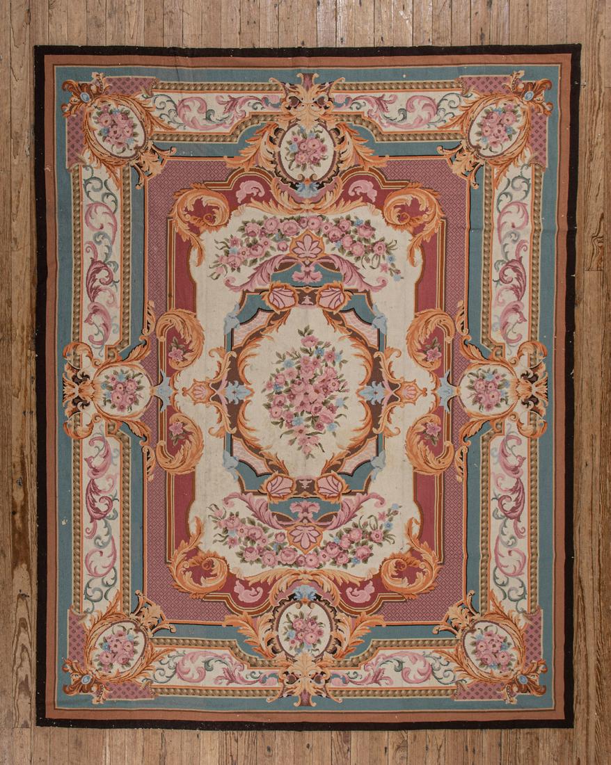 Chinese Aubusson-Style Carpet: Chinese Aubusson-Style Carpet, pink, blue and cream ground, floral designs, 7 ft. 9 in. x 9 ft. 10 in.