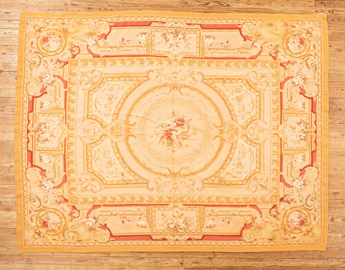 Aubusson Carpet: Aubusson Carpet, peach ground, floral design, 7 ft. 8 in. x 10 ft. 1 in.