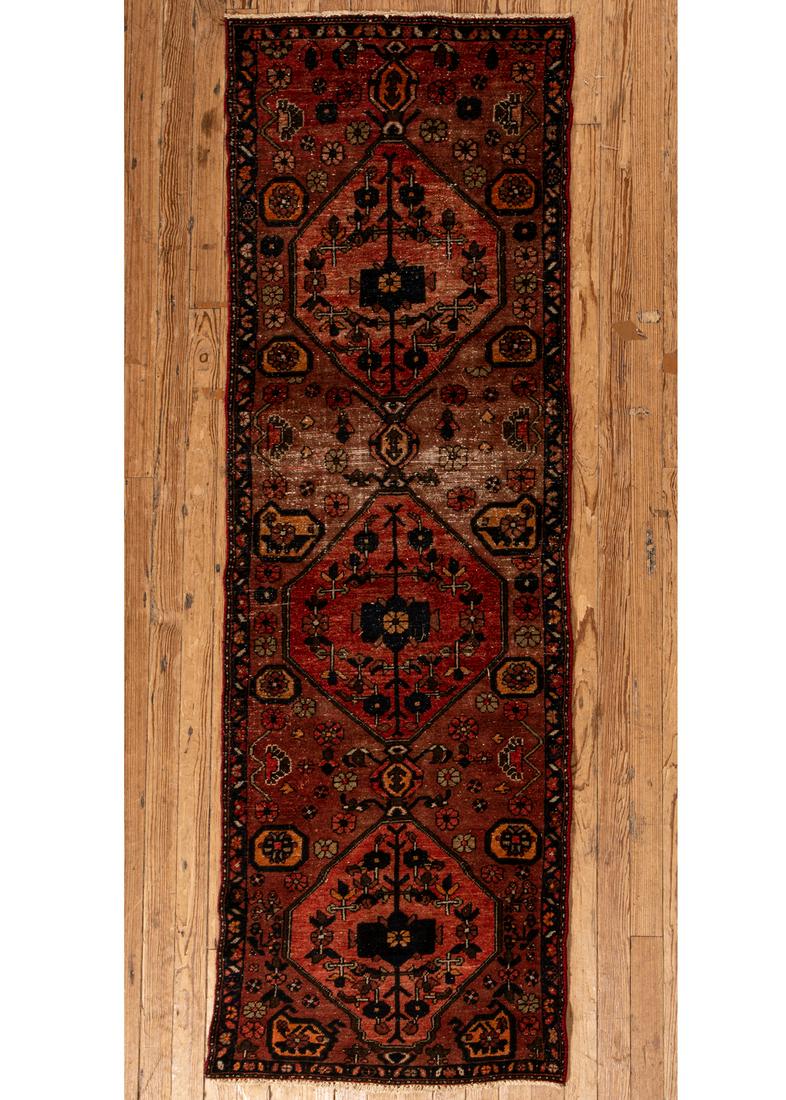 Persian Runner: Persian Runner, maroon ground, triple medallions, 3 ft. x 9 ft.