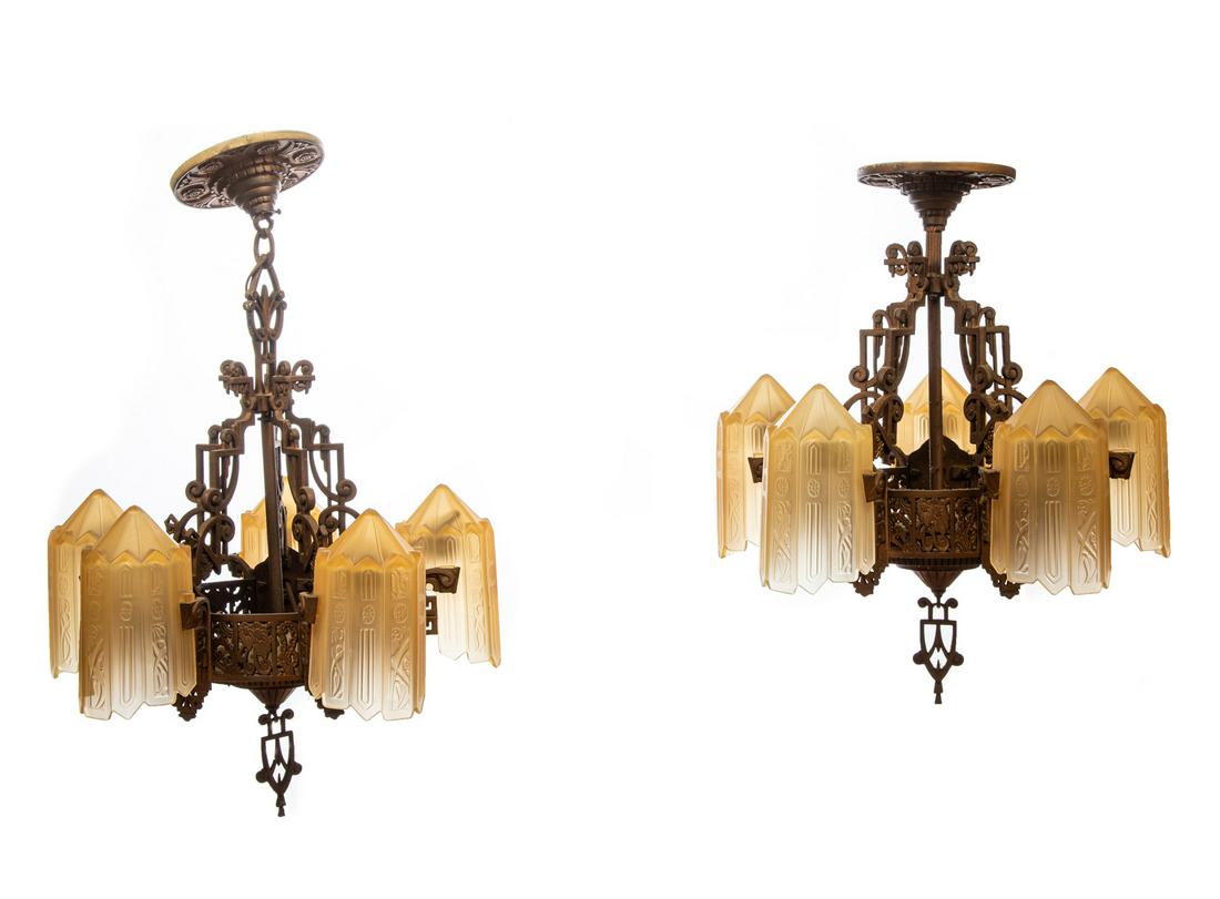 Art Deco Gilt Metal, Amber Glass Chandeliers: Pair of Art Deco Gilt Metal and Amber Glass Chandeliers, early 20th c., reticulated floral and scrolled design, h. 23 in., dia. 18 in.