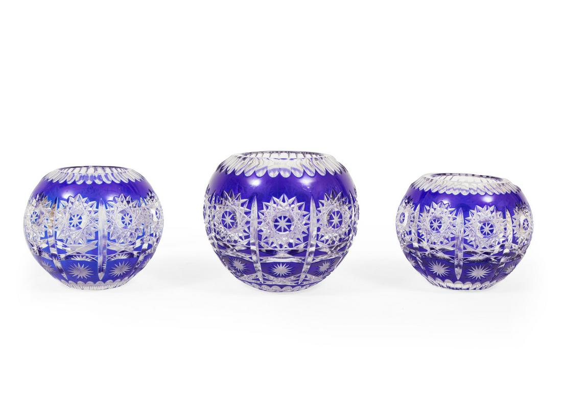 Three Bohemian Blue Cut-to-Clear Glass Bowls (1 of 2)