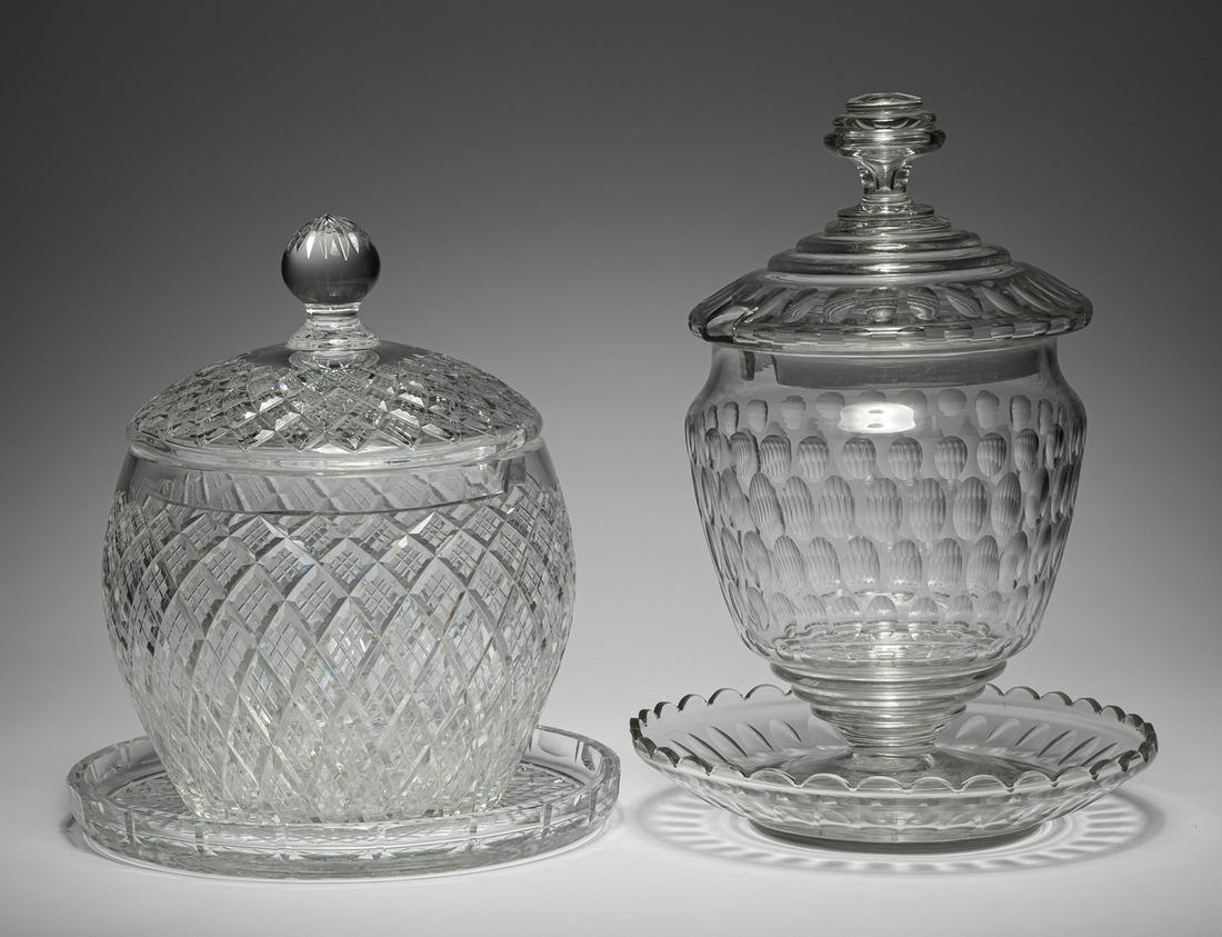 Two American Cut Glass Punchbowls and Underplates: Two American Cut Glass Punchbowls and Underplates, shorter marked "Waterford",. taller h. 14 1/2 in. Provenance: The Schoenberger Collection, 1812 Palmer Avenue, New Orleans.