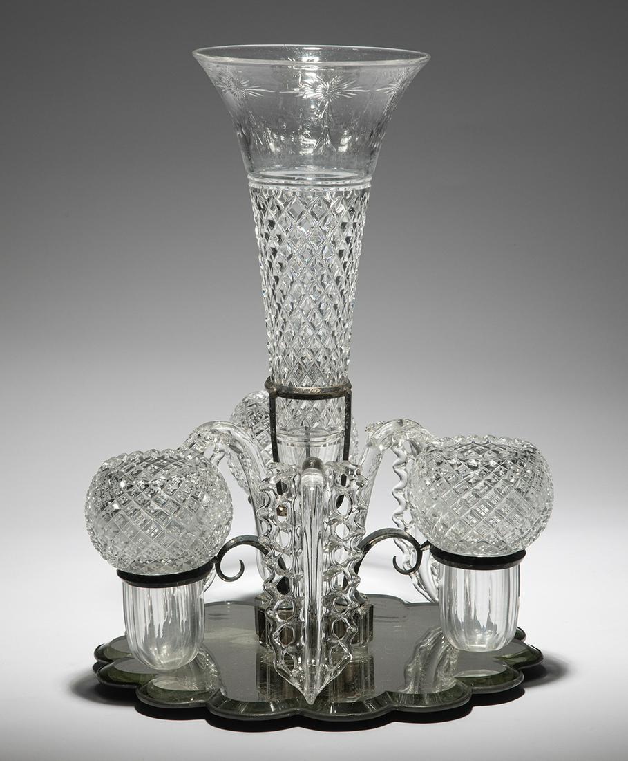 Silverplate, Cut Glass, and Mirrored Centerpiece: American Silverplate, Cut Glass, and Mirrored Centerpiece, center vase encircled with vases and fronds, scalloped base, h. 15 in., dia. 10 1/2 in. Provenance: The Schoenberger Collection, 1812 Palmer 