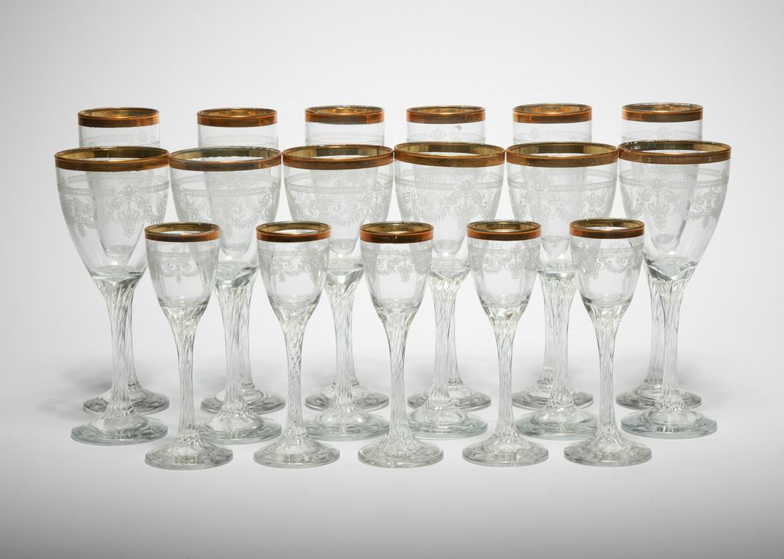Group of Gilt Decorated Glassware: Group of Gilt Decorated Glassware, incl. 6 wine, 6 flutes and 5 cordial, flute h. 8 1/4 in. (17 pcs.) Provenance: The Schoenberger Collection, 1812 Palmer Avenue, New Orleans.