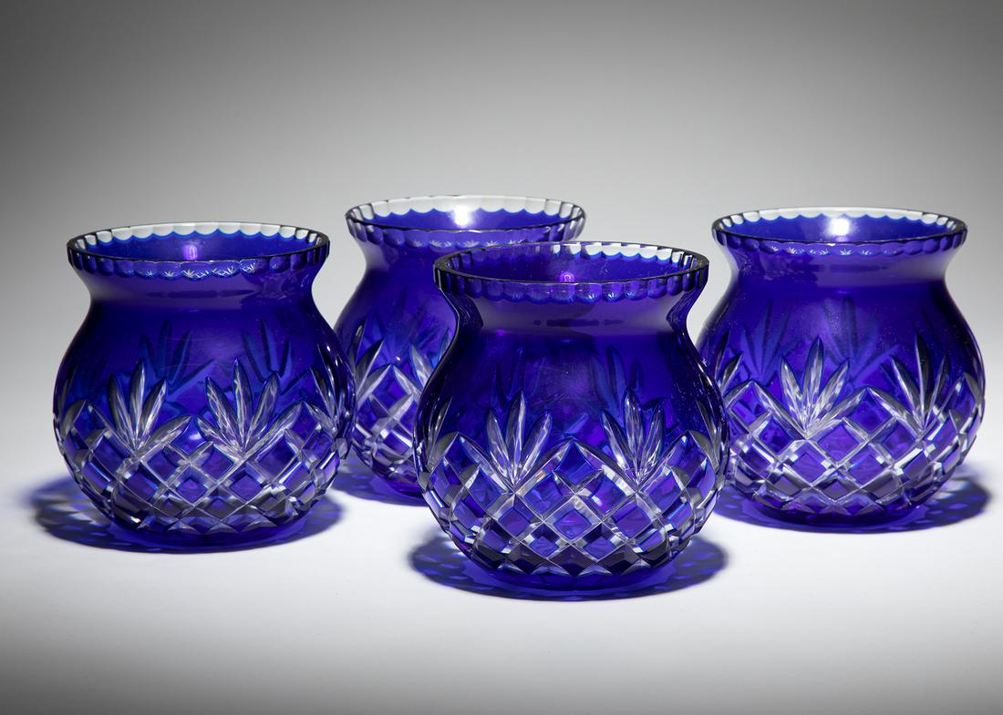 Four Bohemian Blue Cut-to-Clear Glass Vases (1 of 2)