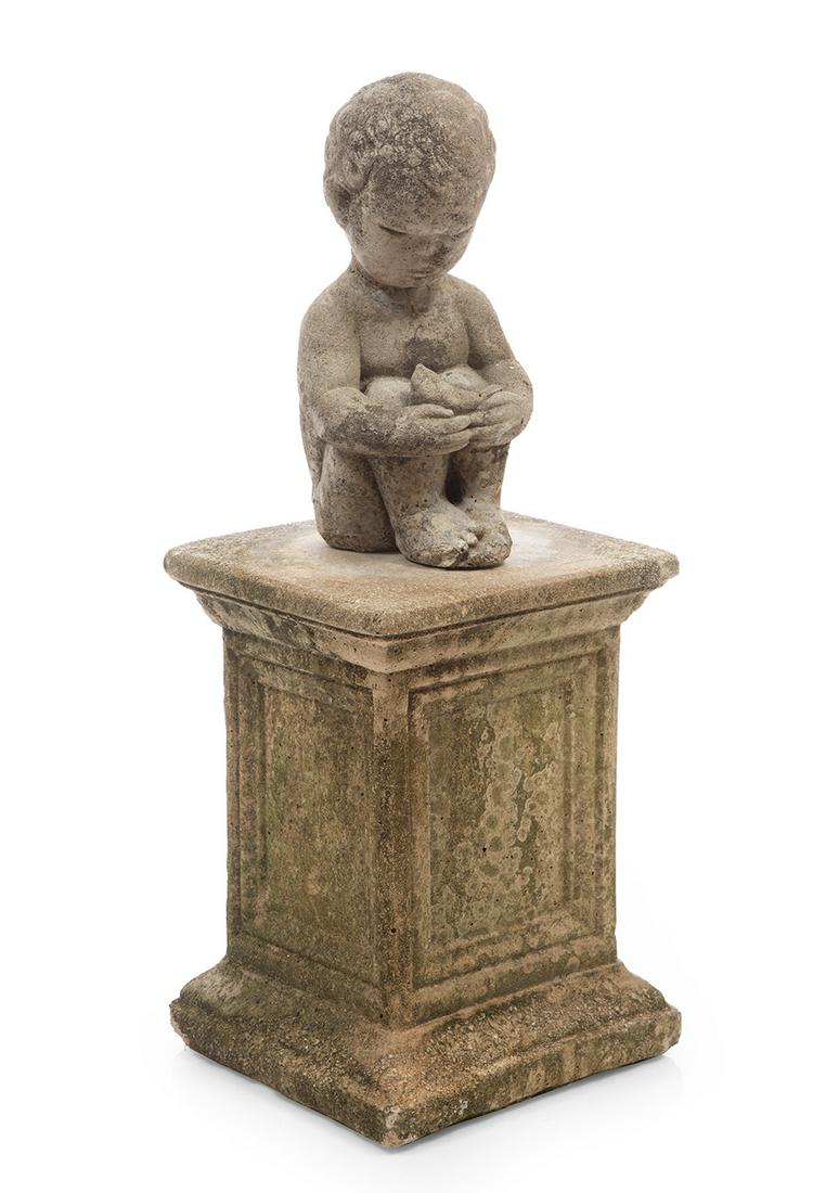 Cast Stone Garden Figure on Pedestal: Cast Stone Garden Figure on Pedestal, molded as putto holding a dove, paneled pedestal, h. 31 in., w. 11 1/2 in., d. 11 1/2 in.