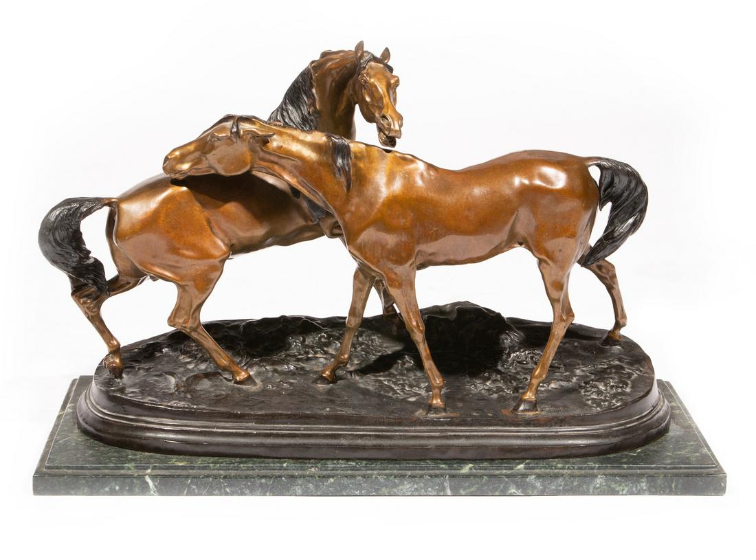 Bronze Figural Group of "L'Accolade No. 2": Bronze Figural Group of "L'Accolade No. 2", after Pierre-Jules Mene, signature and "1869" inscribed on self-base, h. 16 1/2 in., w. 27 in., d. 9 3/4 in., marble base, overall h. 18 in. Condition: Over