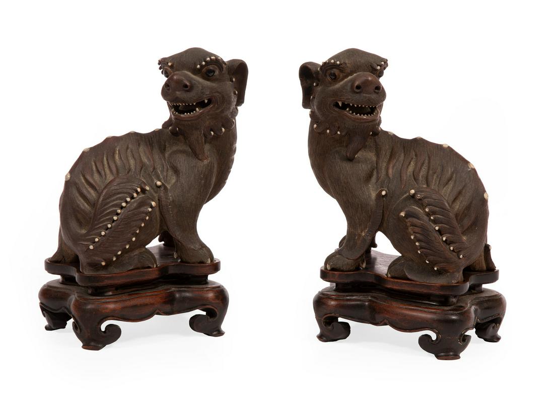 Pair of Chinese Zisha Pottery Lions (1 of 2)