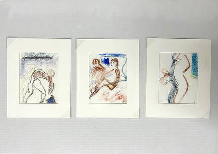 Mary Abbott (American/New York, 1921-2019) , "Figure Studies", 3 pastels on paper, 2 initialed "A": Mary Abbott (American/New York, 1921-2019) , "Figure Studies", 3 pastels on paper, 2 initialed "A" lower right, one initialed "A" and partial watercolor painting en verso, each 7 in. x 5 in., matted,