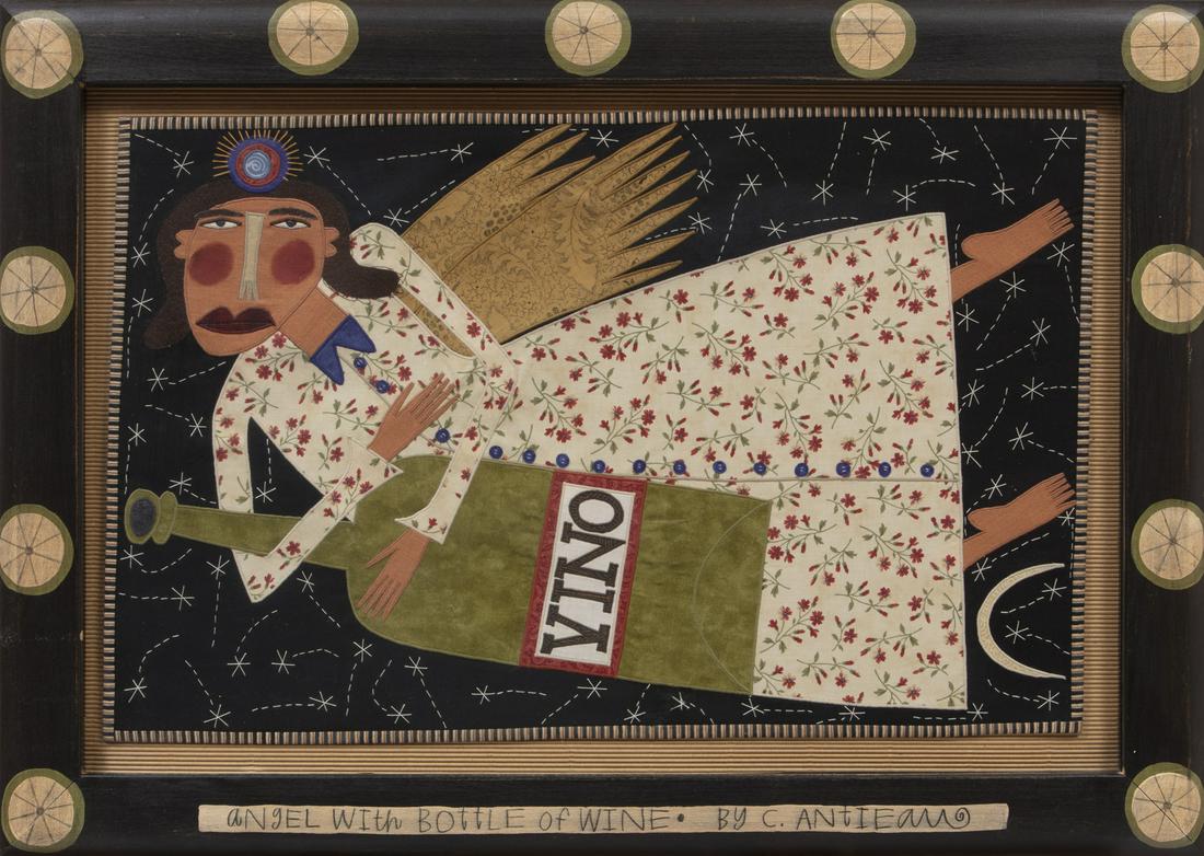 Chris Roberts-Antieau (American, b. 1950) , "Angel with Bottle of Wine", 2002, mixed media and: Chris Roberts-Antieau (American, b. 1950) , "Angel with Bottle of Wine", 2002, mixed media and fabric on board, signed and titled lower frame, artist label with date on backing paper, 15 7/8 in. x 23