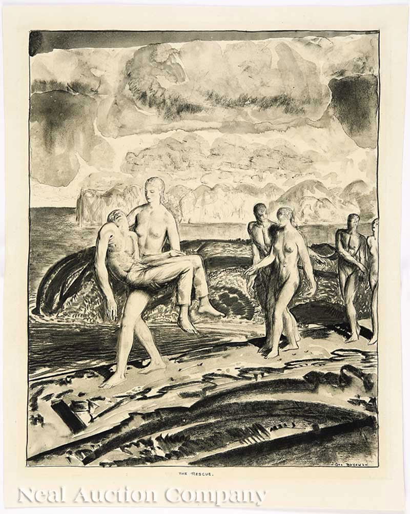 George Wesley Bellows (American, 1882-1925): George Wesley Bellows (American, 1882-1925), "The Rescue", 1922, Conte crayon, pencil and ink wash on paper, signed lower right, titled lower center, titled and dated en verso, Santa Fe Festival of Ar