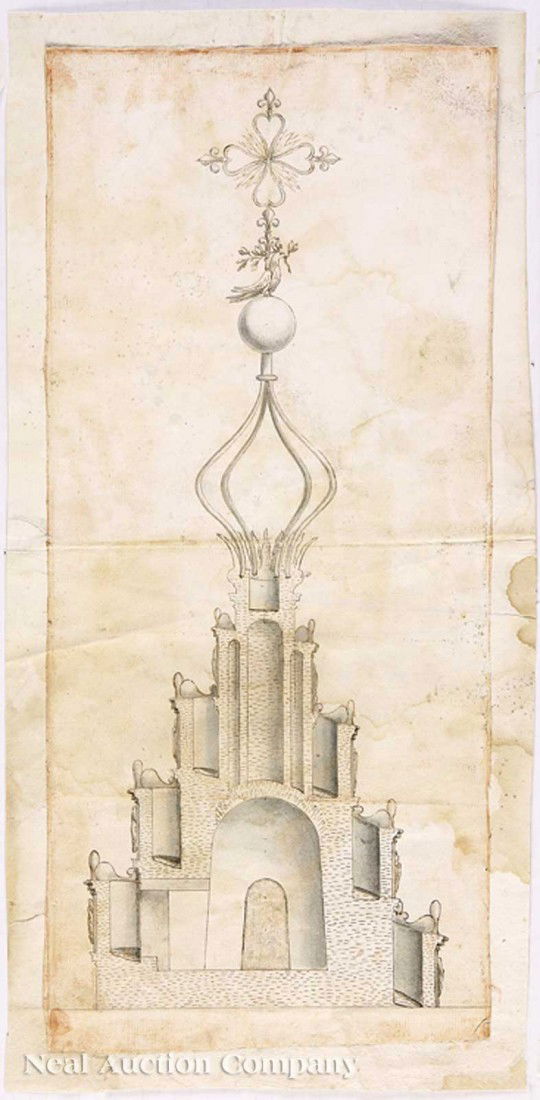 Francesco Borromini, his Studio, or a Follower: Francesco Borromini, his Studio, or a Follower (Italian, 1599-1667), "Section of Spire, for the Church of San Ivo della Sapienza, Rome", 1642/1720, ink and gray wash on cream-colored laid paper, with