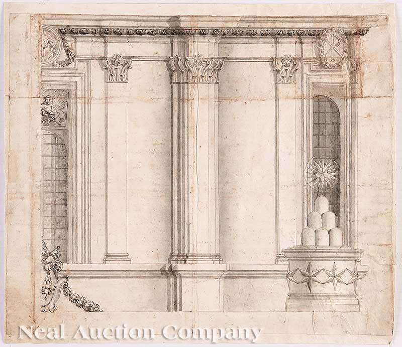 Francesco Borromini, his Studio, or a Follower: Francesco Borromini, his Studio, or a Follower (Italian, 1599-1667), "Southwest Quadrant of Drum Elevation for the Church of San Ivo della Sapienza, Rome", 1642/1720, ink and gray wash on cream-colore