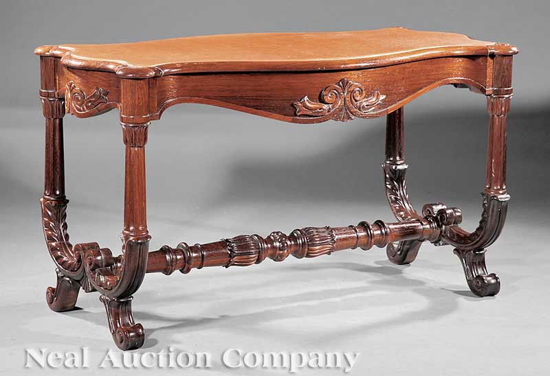 Carved Rosewood Center Table, prob. Phyfe: An American Late Classical Carved Rosewood Center Table, c. 1845, probably Duncan Phyfe, New York, later inset serpentine leather top, shaped apron centered by leaf and scroll, tapered fluted acanthus