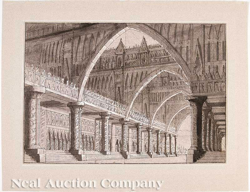 Antonio Basoli (Italian, 1774-1848): Antonio Basoli (Italian, 1774-1848), "A Stage Set Showing a Hall or Court in the Romanesque Style", c. 1810, ink and ink wash with white gouache (image bordered in black ink) on gray laid paper, witho