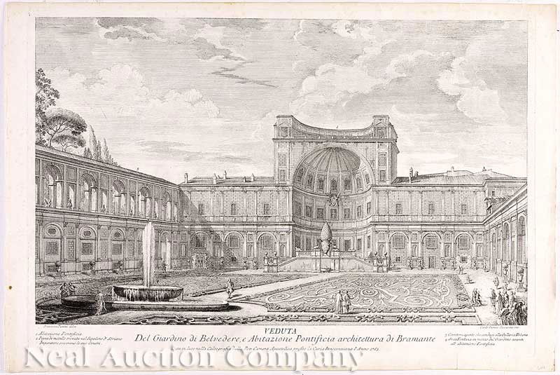 After Francesco Panini (Italian, 1745-1812): After Francesco Panini (Italian, 1745-1812), "Veduta del Giardino di Belvedere...", "Prospetto del Portico...della Villa Albani", "Prospetto degli Orti Farnesiani sul Monte Palatino", "Veduta Interior