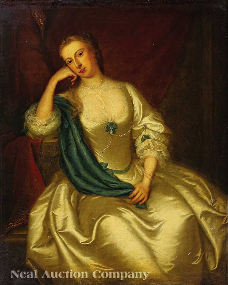 Attributed to Michael Dahl (Swedish/British): Attributed to Michael Dahl (Swedish/British, 1656-1743), "A Lady, three-quarter length, Seated with her Head on her Right Hand", c. 1700, oil on canvas, unsigned, 50 in. x 40 1/4 in., in an antique ca
