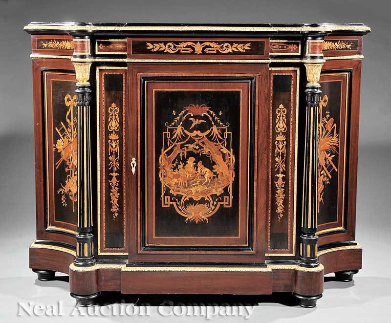 Rosewood Parlor Cabinet, possibly Roux: An American Renaissance Ebonized, Inlaid and Bronze-Mounted Rosewood Parlor Cabinet, c. 1865, possibly Alexander Roux, New York, shaped top, floral frieze above a paneled door with reserve depicting a