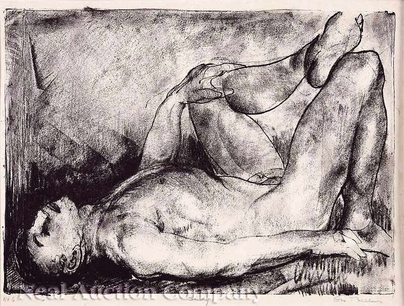 George Wesley Bellows (American, 1882-1925): George Wesley Bellows (American, 1882-1925), "Man on His Back, Nude", 1916, lithograph on paper, pencil signed, noted "Study" and numbered "6", H.V. Allison & Co label en verso, sheet 9 3/4 in. x 13 i