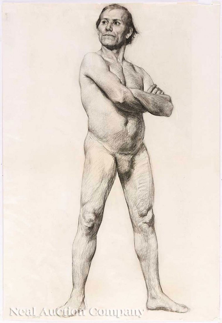 Joseph Henry Sharp (American, 1859-1953): Joseph Henry Sharp (American, 1859-1953), "Man Posing", graphite on paper, signed lower left, inscribed en verso, 25 1/8 in. x 17 1/8 in., unframed