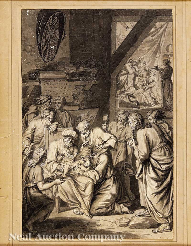 Bernard Picart (France, 1673-1733): Bernard Picart (France, 1673-1733), "The Circumcision of Isaac: Gen. 21:4", 1714, watercolor and ink on paper, signed and dated lower left, numbered "N927" en verso of paper, 12 1/2 in. x 8 1/4 in., m