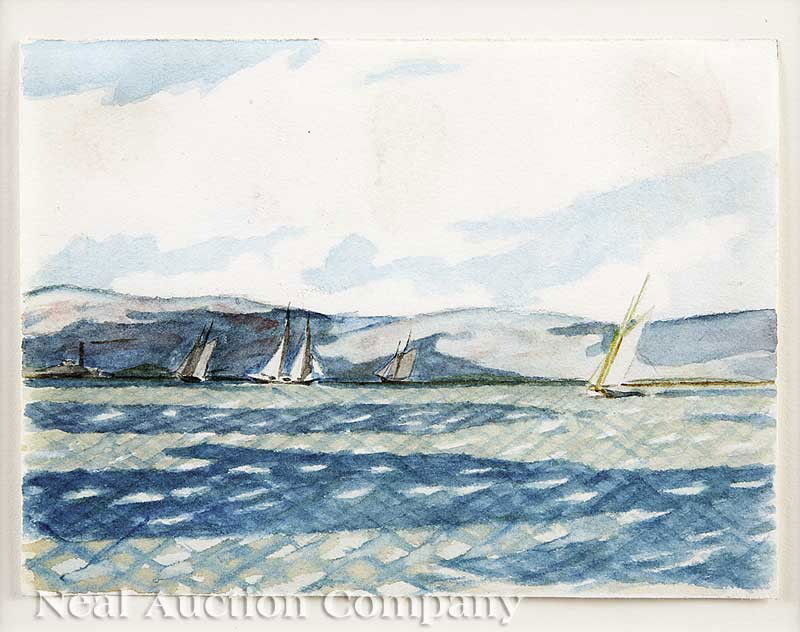 Edward Hopper (American, 1882-1967): Edward Hopper (American, 1882-1967), "Yachting Scene", c. 1905, watercolor, unsigned, Kennedy Galleries, New York, NY label en verso, 5 in. x 6 3/4 in., attractive gilt frame