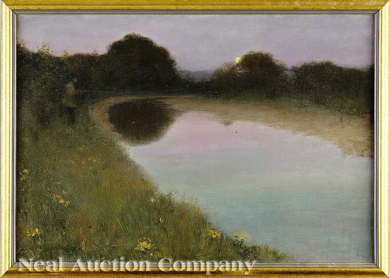 Attributed to Alexander John Drysdale (American): Attributed to Alexander John Drysdale (American/New Orleans, 1870-1934), "Fishing at Twilight", oil on canvas, signed en verso on stretcher, 15 in. x 21 3/4 in., attractively framed