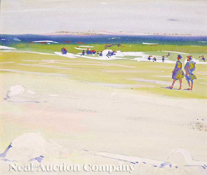 Jane Peterson (American, 1876-1965): Jane Peterson (American, 1876-1965), "Beach at Gloucester", 1915, gouache on board, signed lower left, D. Wigmore, Fine Art, Inc., New York, NY label en verso, 9 in. x 11 in., framed