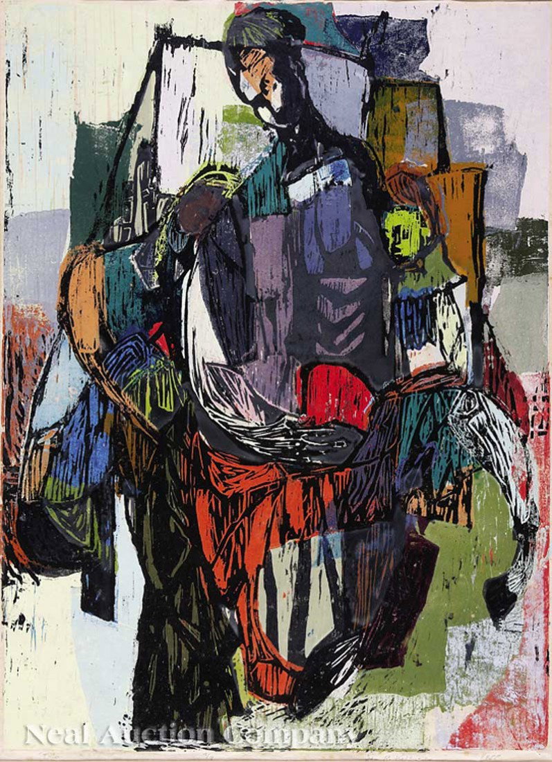 Ida Rittenberg Kohlmeyer (American/New Orleans): Ida Rittenberg Kohlmeyer (American/New Orleans, 1912-1997), "Trio", 1955, woodblock print on paper, signed, dated and numbered "2/9", sight 28 in. x 20 in., framed