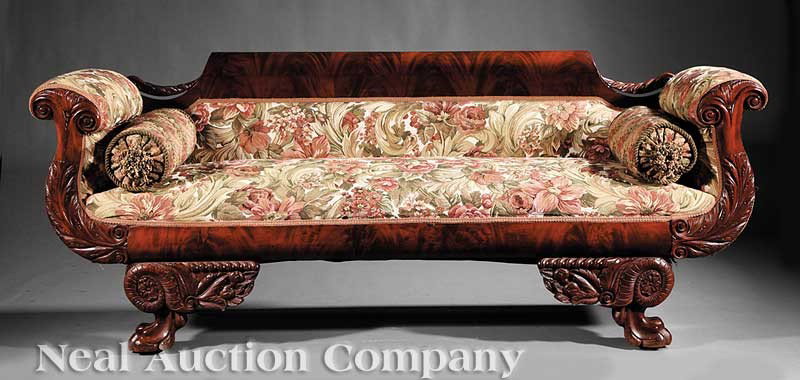 American Classical Carved Mahogany Sofa: An American Classical Carved Mahogany Sofa, 19th c., Philadelphia, scrolled tablet crest with acanthine terminals, acanthus scroll arms, molded seat rail, gadrooned cornucopia bracket paw feet, height