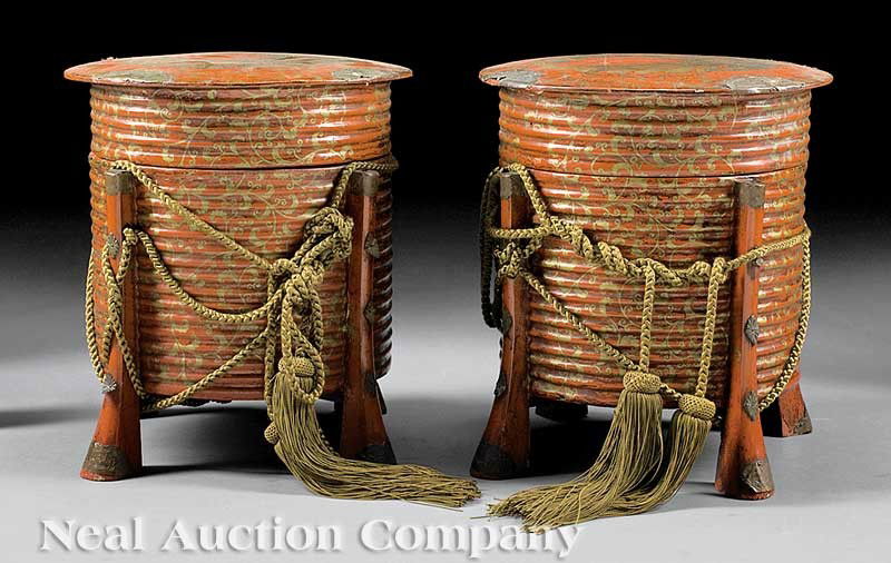 Japanese Gilt, Red Lacquered Shell-Game Boxes: A Pair of Japanese Gilt-Decorated Red Lacquered Shell-Game Boxes, Kai-oke, Meiji Period, 19th c., ribbed circular bodies and covers raised on four splayed buttress supports, gilt decorated with scroll