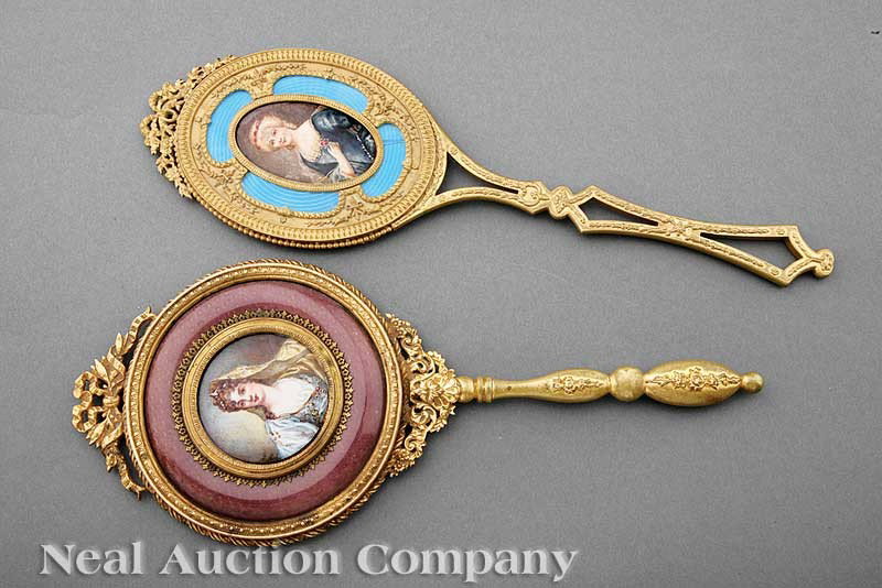 Two French Gilt Bronze and Enamel Hand Mirrors: Two Antique French Gilt Bronze and Enamel Hand Mirrors, c. 1880-1890, each inset with a portrait miniature, one signed "J. Mill.", tallest height 15 in