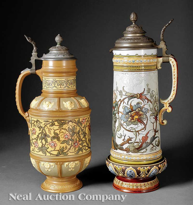 Two Mettlach Polychrome and Pewter Lidded Steins: Two Mettlach Polychrome and Pewter Lidded Steins, c. 1900, each with impressed marks, tallest 16 1/2 in