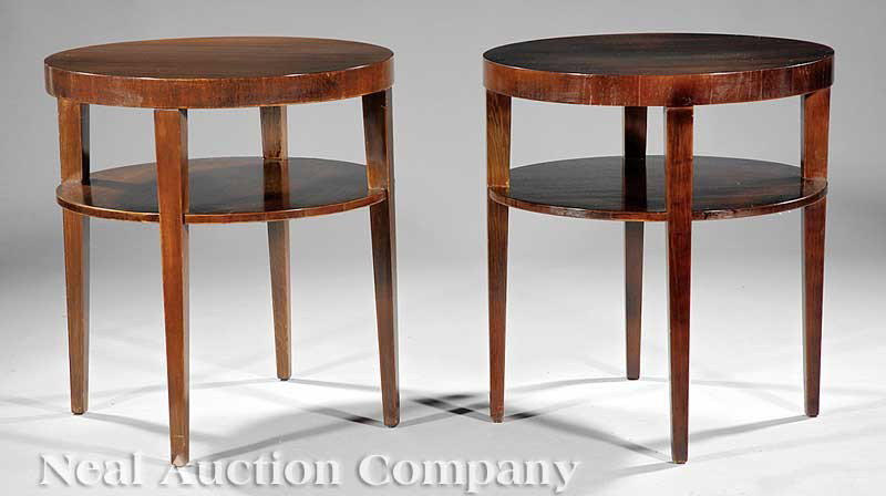 Widdicomb Mid-Century Modern End Tables: A Pair of Widdicomb Mid-Century Modern End Tables, c. 1950, Grand Rapids, MI, labeled, circular tops, later espresso finish, height 26 1/2 in., width 24 in., depth 24 in